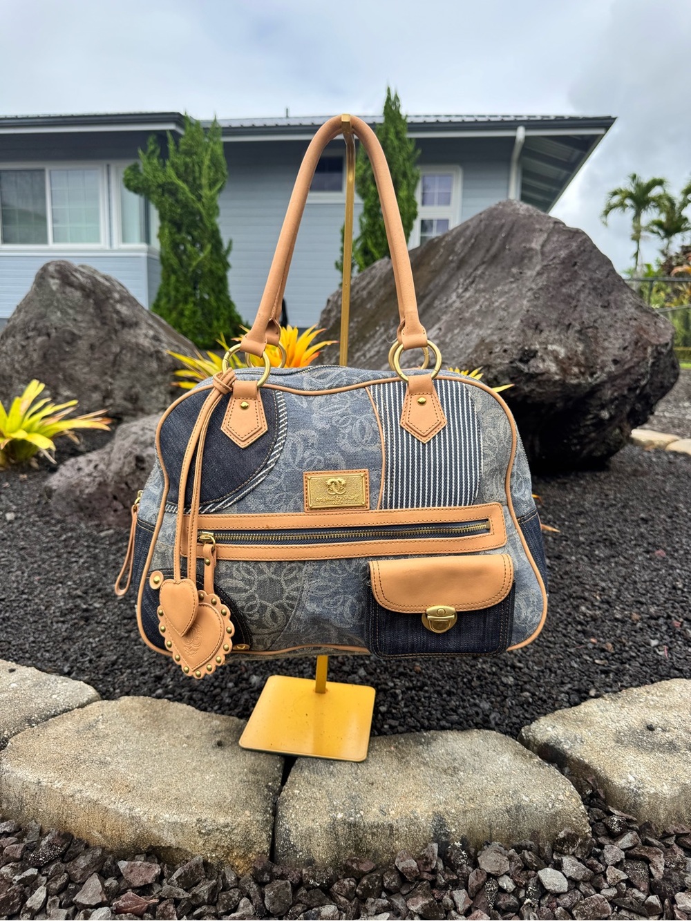 Original by Sharif 1827 Denim Patchwork Satchel Heart Charm Bag Y2K Boho